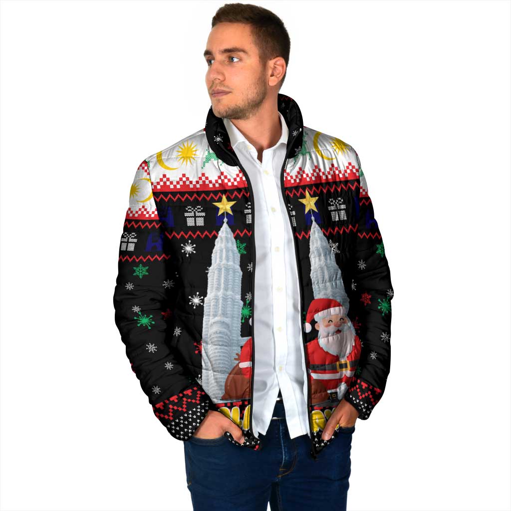 Malaysia Christmas Padded Jacket with Santa Claus Petronas Towers Snowflakes and Festive Icons - Wonder Print Shop