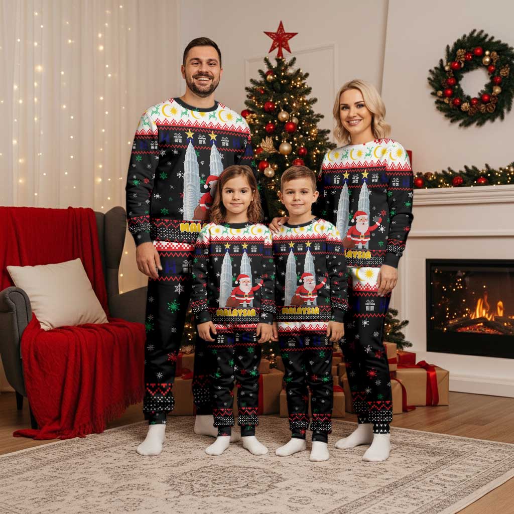 Malaysia Christmas Pajama Set with Santa Claus Petronas Towers Snowflakes and Festive Icons - Wonder Print Shop