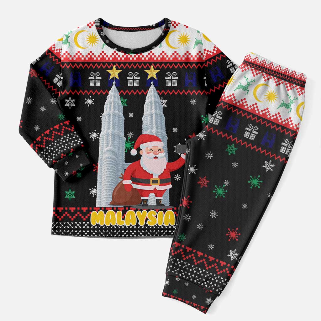 Malaysia Christmas Pajama Set with Santa Claus Petronas Towers Snowflakes and Festive Icons - Wonder Print Shop