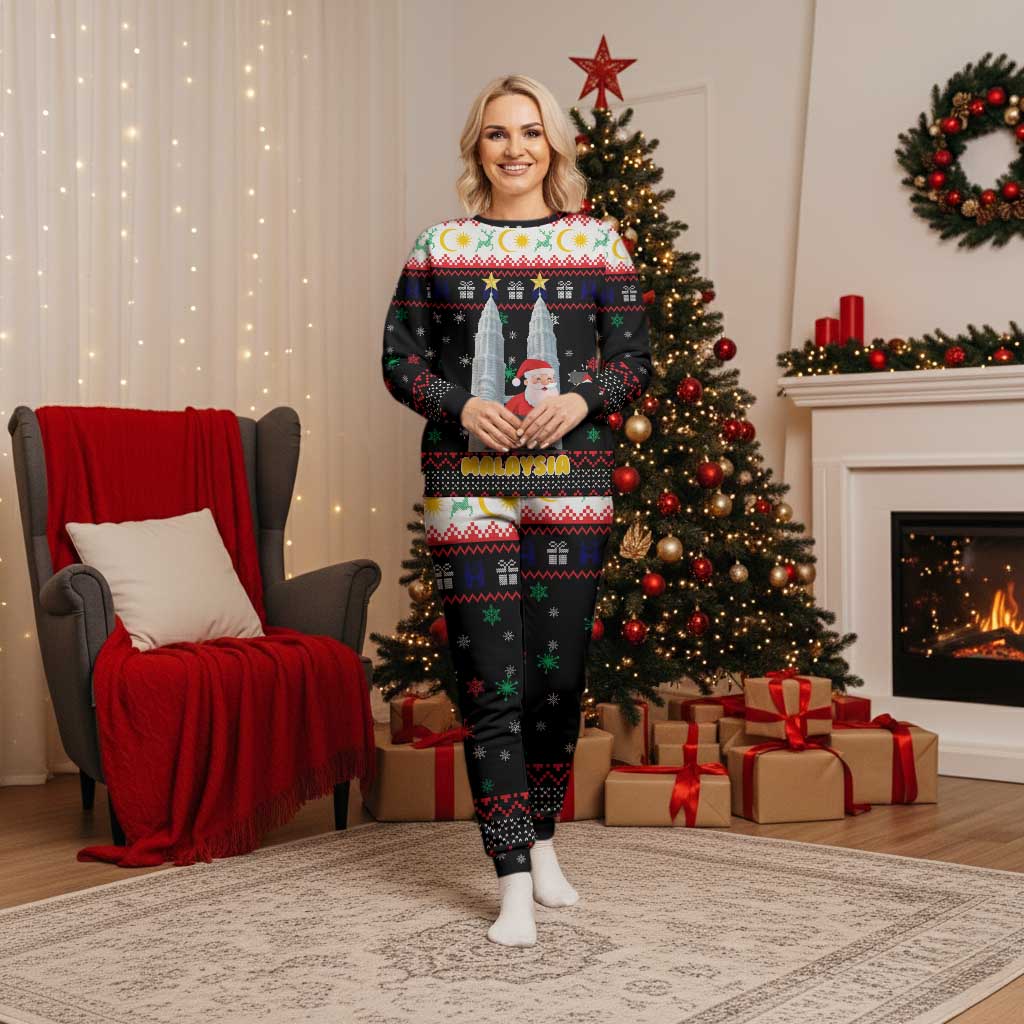 Malaysia Christmas Pajama Set with Santa Claus Petronas Towers Snowflakes and Festive Icons - Wonder Print Shop