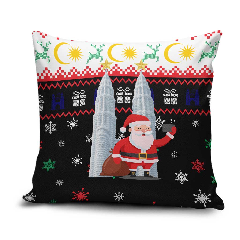 Malaysia Christmas Pillow Cover with Santa Claus Petronas Towers Snowflakes and Festive Icons - Wonder Print Shop