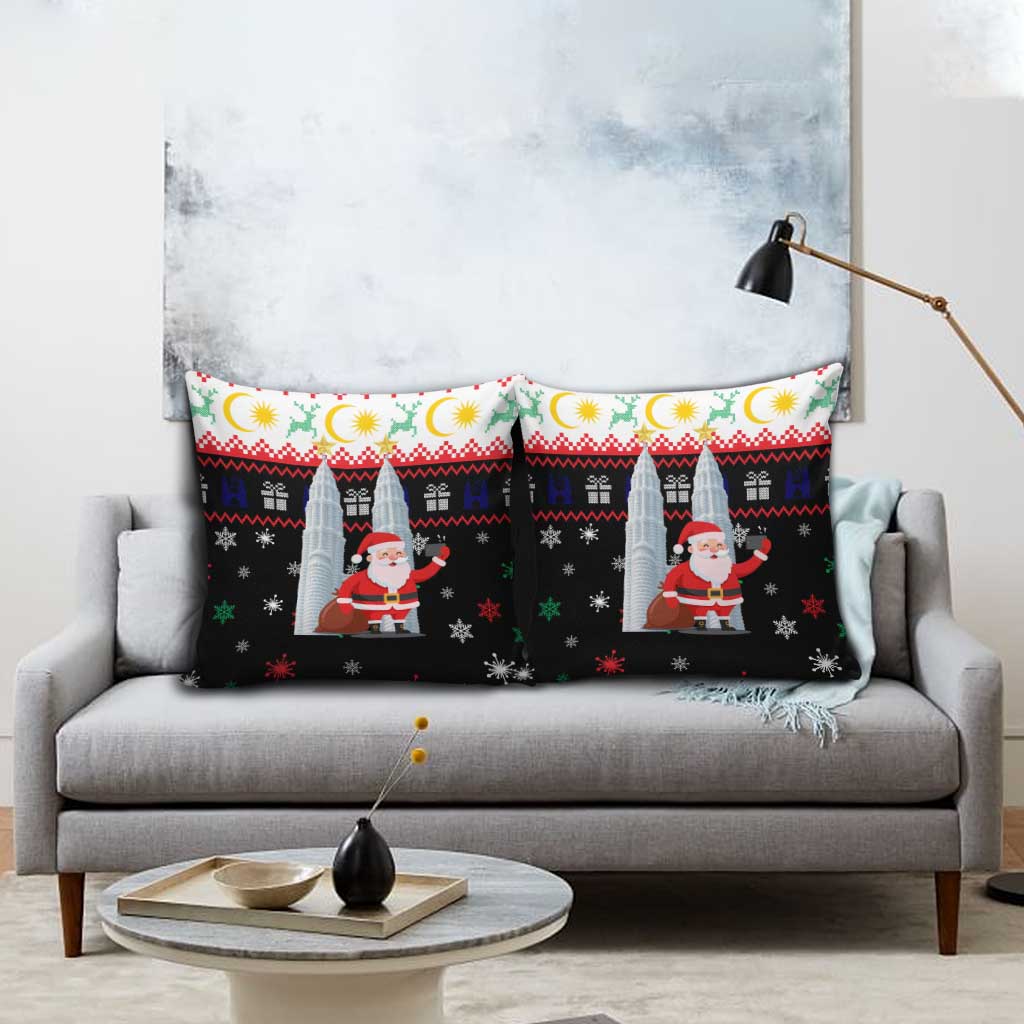 Malaysia Christmas Pillow Cover with Santa Claus Petronas Towers Snowflakes and Festive Icons - Wonder Print Shop