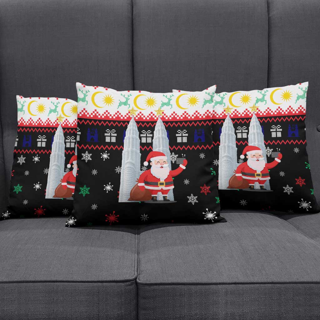Malaysia Christmas Pillow Cover with Santa Claus Petronas Towers Snowflakes and Festive Icons - Wonder Print Shop