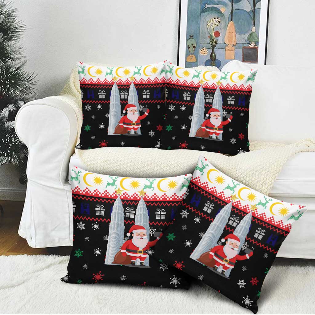 Malaysia Christmas Pillow Cover with Santa Claus Petronas Towers Snowflakes and Festive Icons - Wonder Print Shop