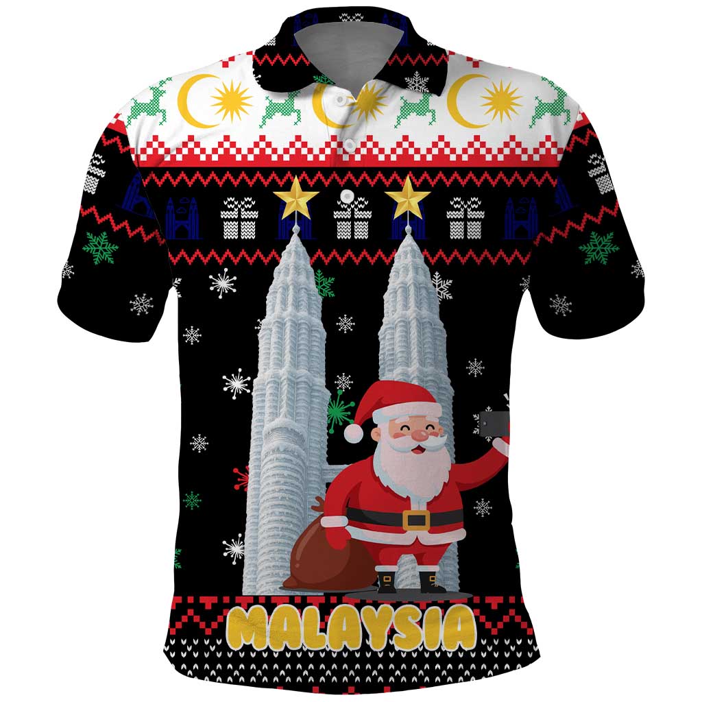 Malaysia Christmas Polo Shirt with Santa Claus Petronas Towers Snowflakes and Festive Icons - Wonder Print Shop