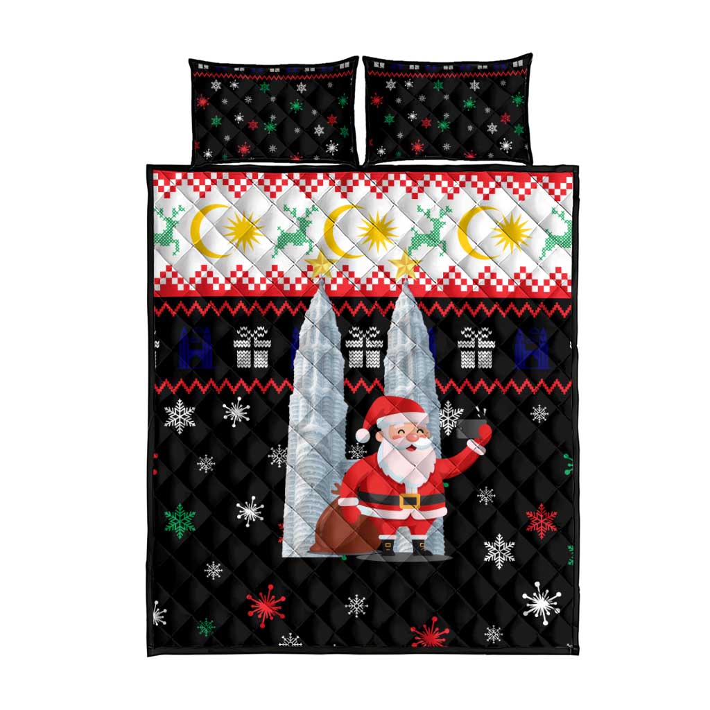 Malaysia Christmas Quilt Bed Set with Santa Claus Petronas Towers Snowflakes and Festive Icons - Wonder Print Shop