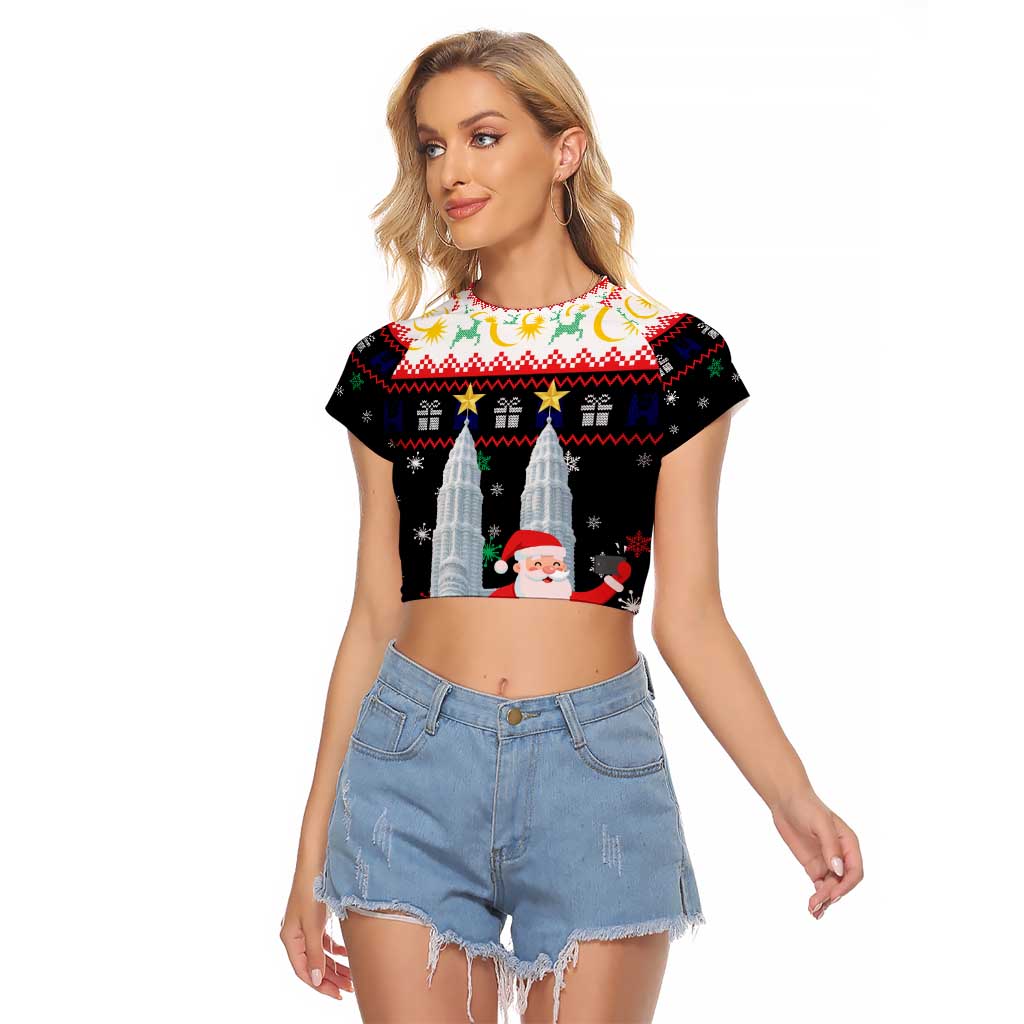 Malaysia Christmas Raglan Cropped T Shirt with Santa Claus Petronas Towers Snowflakes and Festive Icons - Wonder Print Shop