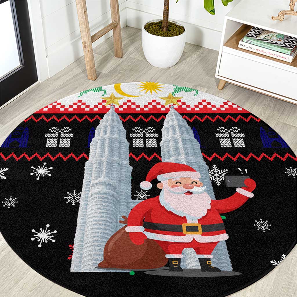 Malaysia Christmas Round Carpet with Santa Claus Petronas Towers Snowflakes and Festive Icons - Wonder Print Shop