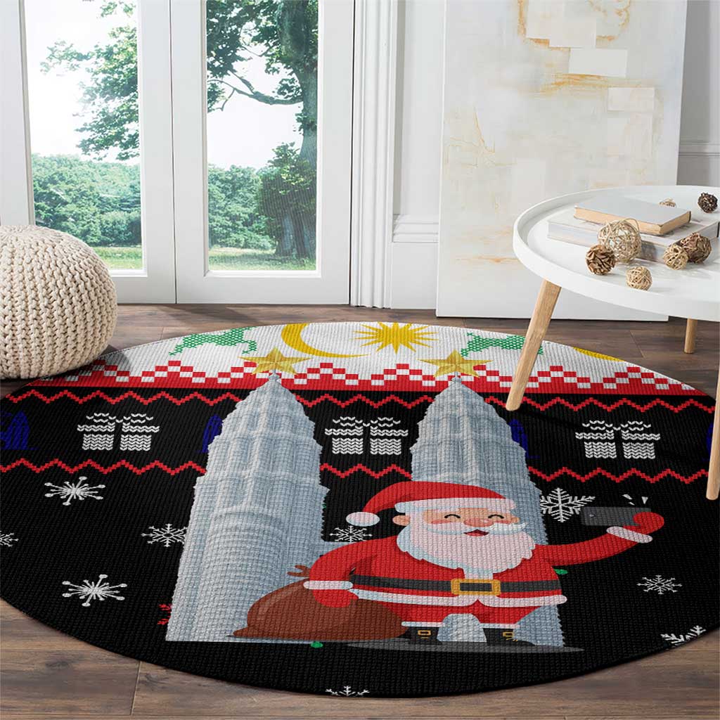 Malaysia Christmas Round Carpet with Santa Claus Petronas Towers Snowflakes and Festive Icons - Wonder Print Shop