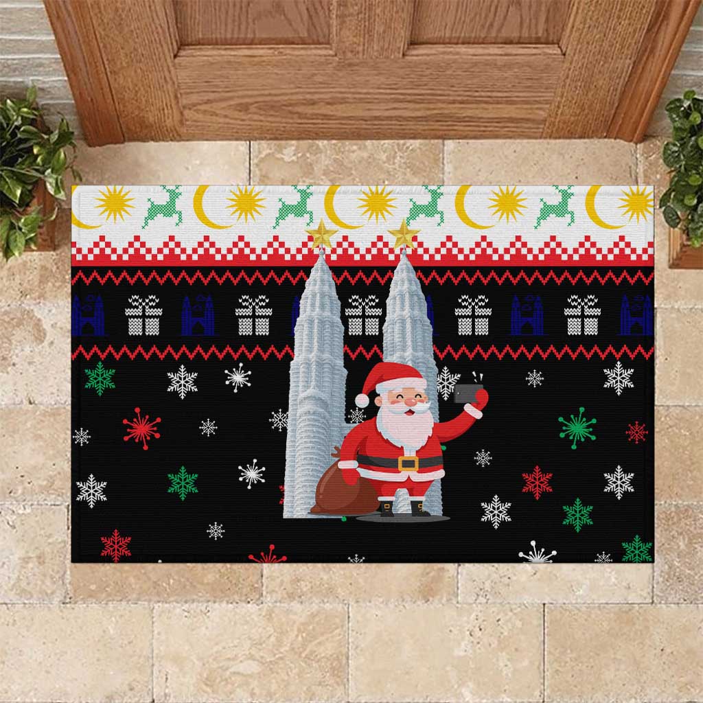 Malaysia Christmas Rubber Doormat with Santa Claus Petronas Towers Snowflakes and Festive Icons - Wonder Print Shop