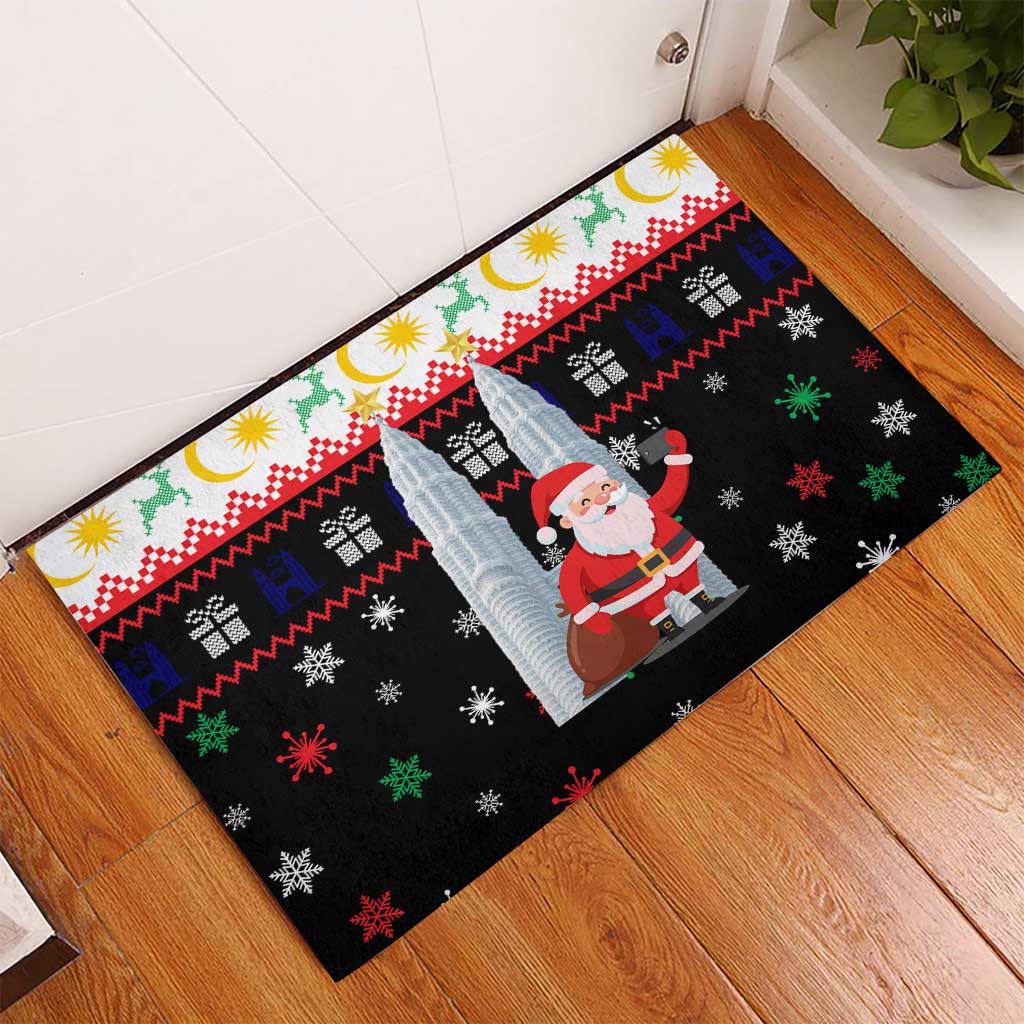 Malaysia Christmas Rubber Doormat with Santa Claus Petronas Towers Snowflakes and Festive Icons - Wonder Print Shop