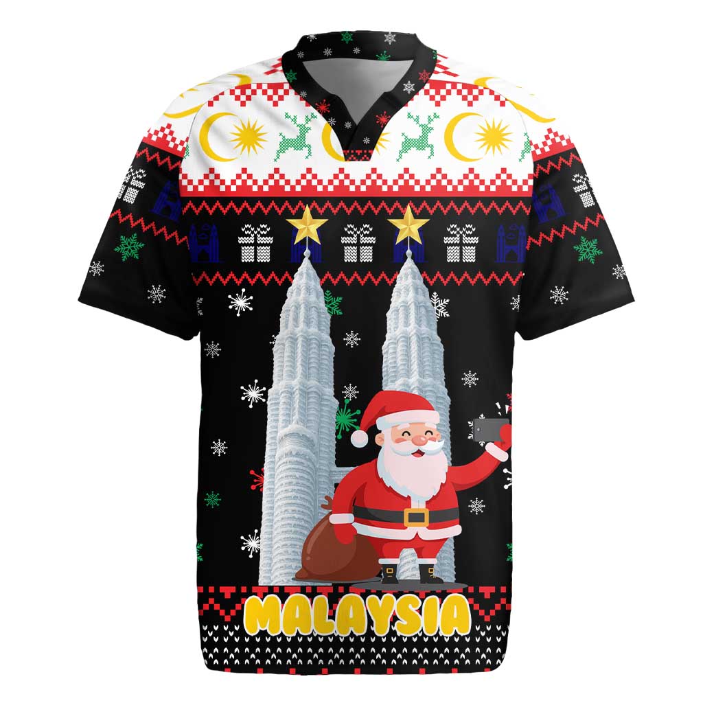 Malaysia Christmas Rugby Jersey with Santa Claus Petronas Towers Snowflakes and Festive Icons - Wonder Print Shop
