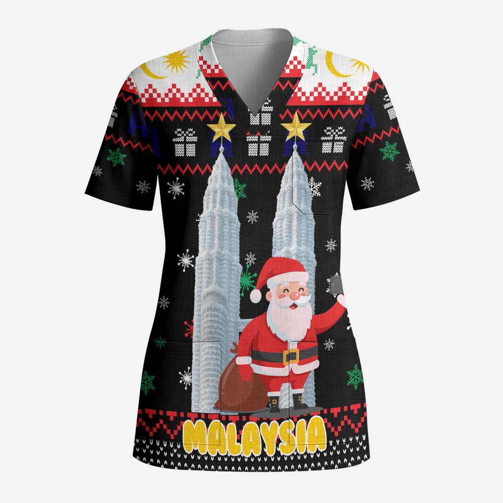 Malaysia Christmas Scrub Top with Santa Claus Petronas Towers Snowflakes and Festive Icons - Wonder Print Shop