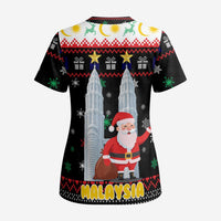 Malaysia Christmas Scrub Top with Santa Claus Petronas Towers Snowflakes and Festive Icons - Wonder Print Shop