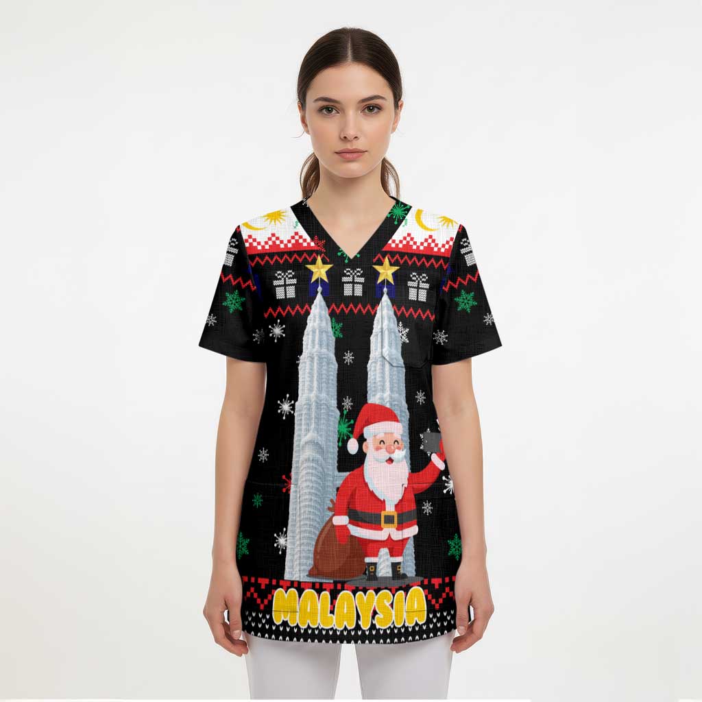 Malaysia Christmas Scrub Top with Santa Claus Petronas Towers Snowflakes and Festive Icons - Wonder Print Shop