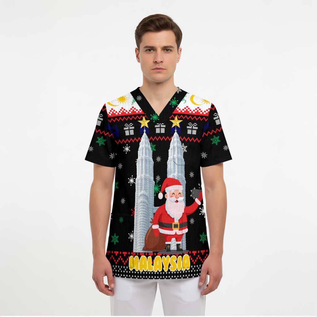 Malaysia Christmas Scrub Top with Santa Claus Petronas Towers Snowflakes and Festive Icons - Wonder Print Shop