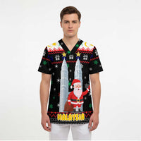 Malaysia Christmas Scrub Top with Santa Claus Petronas Towers Snowflakes and Festive Icons - Wonder Print Shop
