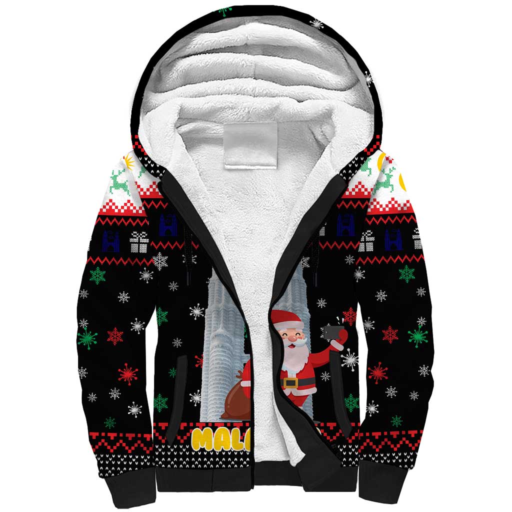 Malaysia Christmas Sherpa Hoodie with Santa Claus Petronas Towers Snowflakes and Festive Icons - Wonder Print Shop
