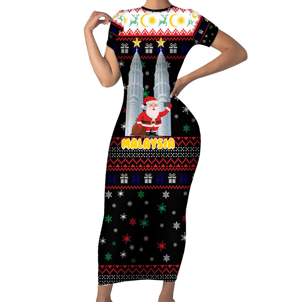 Malaysia Christmas Short Sleeve Bodycon Dress with Santa Claus Petronas Towers Snowflakes and Festive Icons - Wonder Print Shop