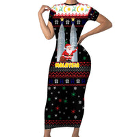 Malaysia Christmas Short Sleeve Bodycon Dress with Santa Claus Petronas Towers Snowflakes and Festive Icons - Wonder Print Shop