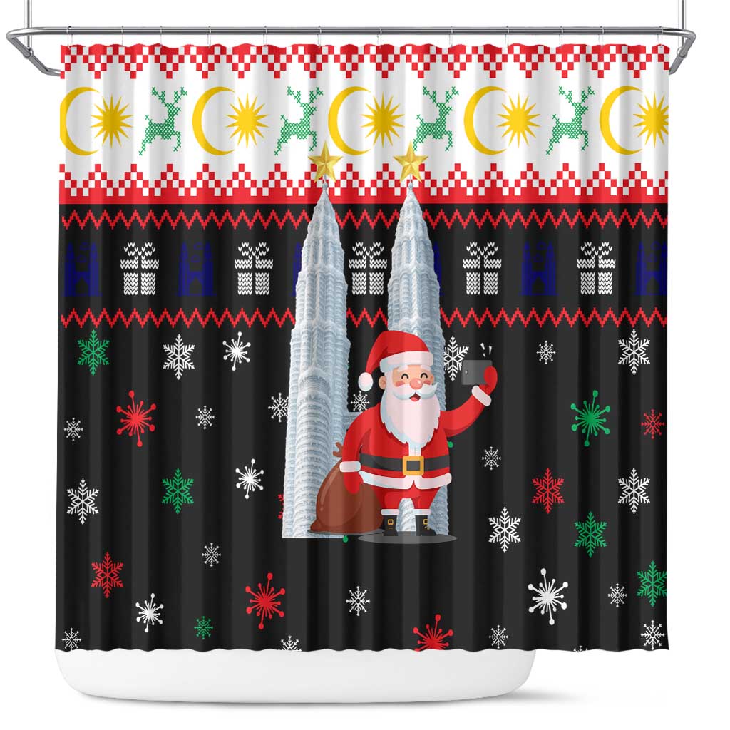 Malaysia Christmas Shower Curtain with Santa Claus Petronas Towers Snowflakes and Festive Icons - Wonder Print Shop