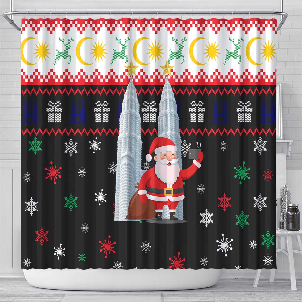 Malaysia Christmas Shower Curtain with Santa Claus Petronas Towers Snowflakes and Festive Icons - Wonder Print Shop