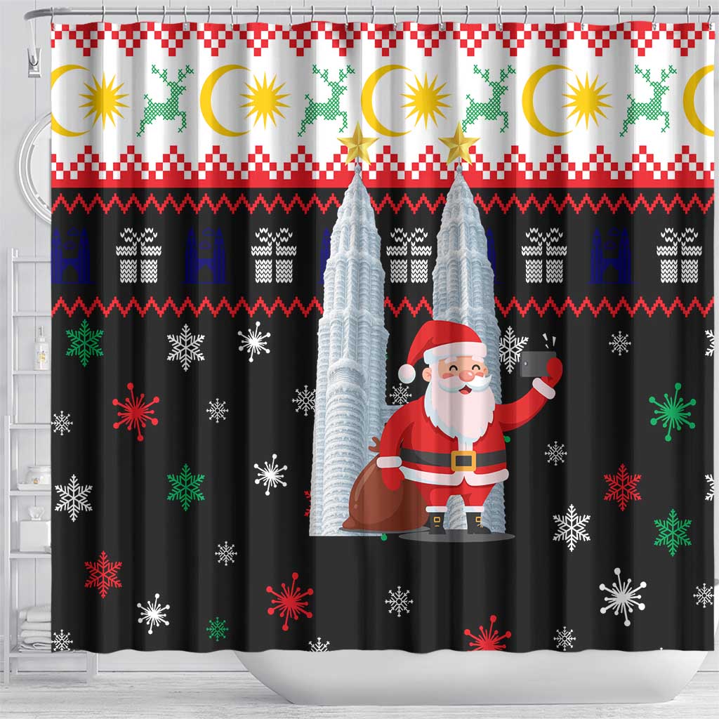 Malaysia Christmas Shower Curtain with Santa Claus Petronas Towers Snowflakes and Festive Icons - Wonder Print Shop