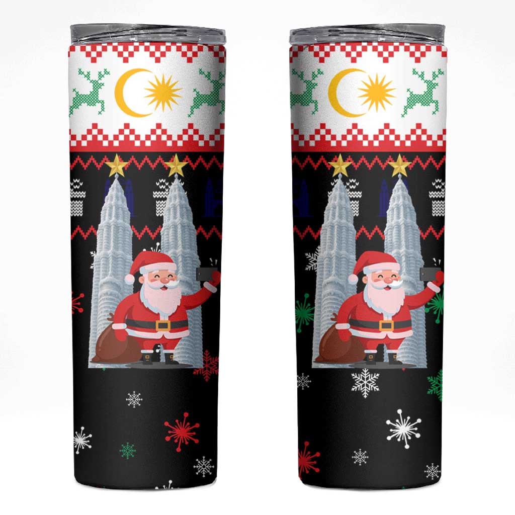 Malaysia Christmas Skinny Tumbler with Santa Claus Petronas Towers Snowflakes and Festive Icons - Wonder Print Shop