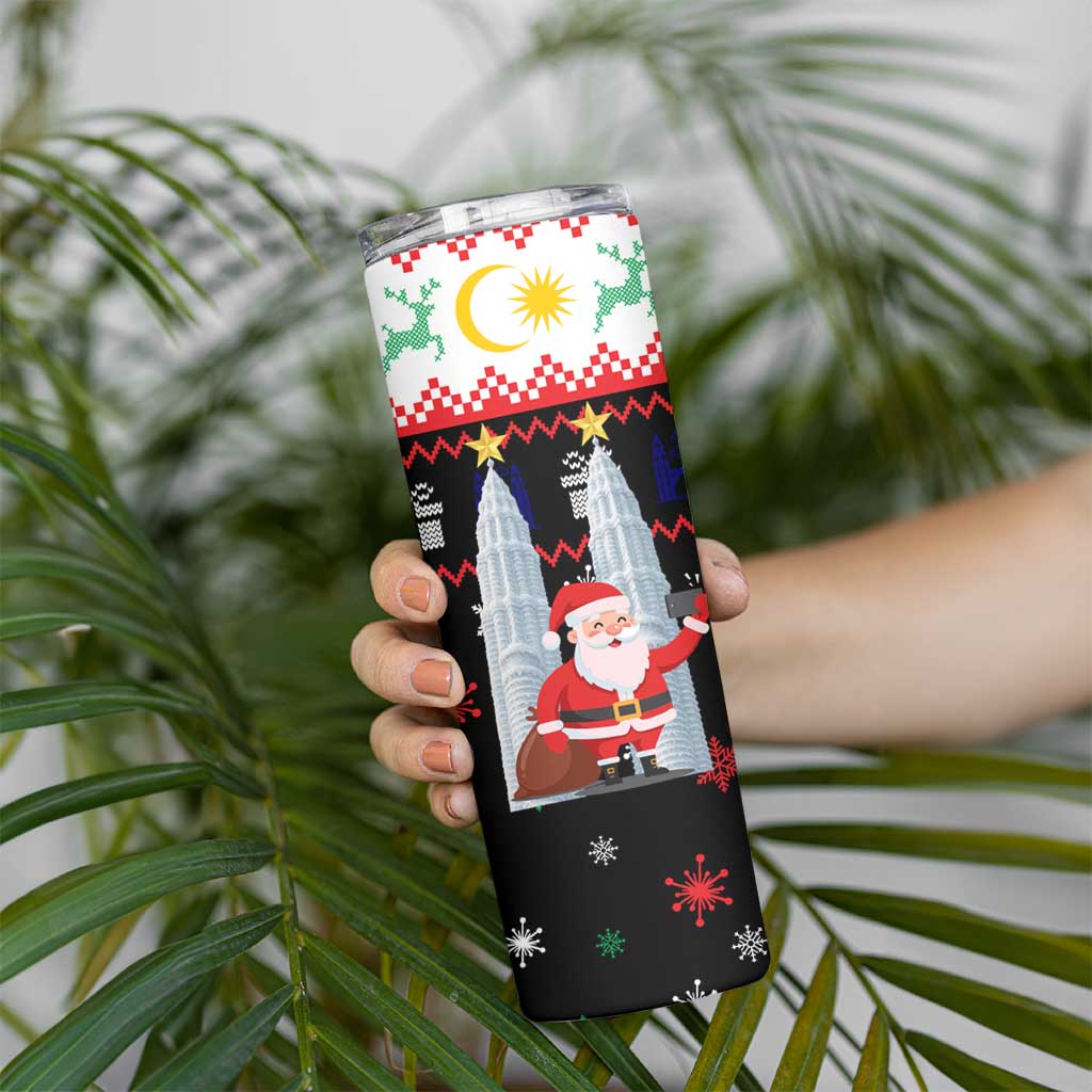 Malaysia Christmas Skinny Tumbler with Santa Claus Petronas Towers Snowflakes and Festive Icons - Wonder Print Shop