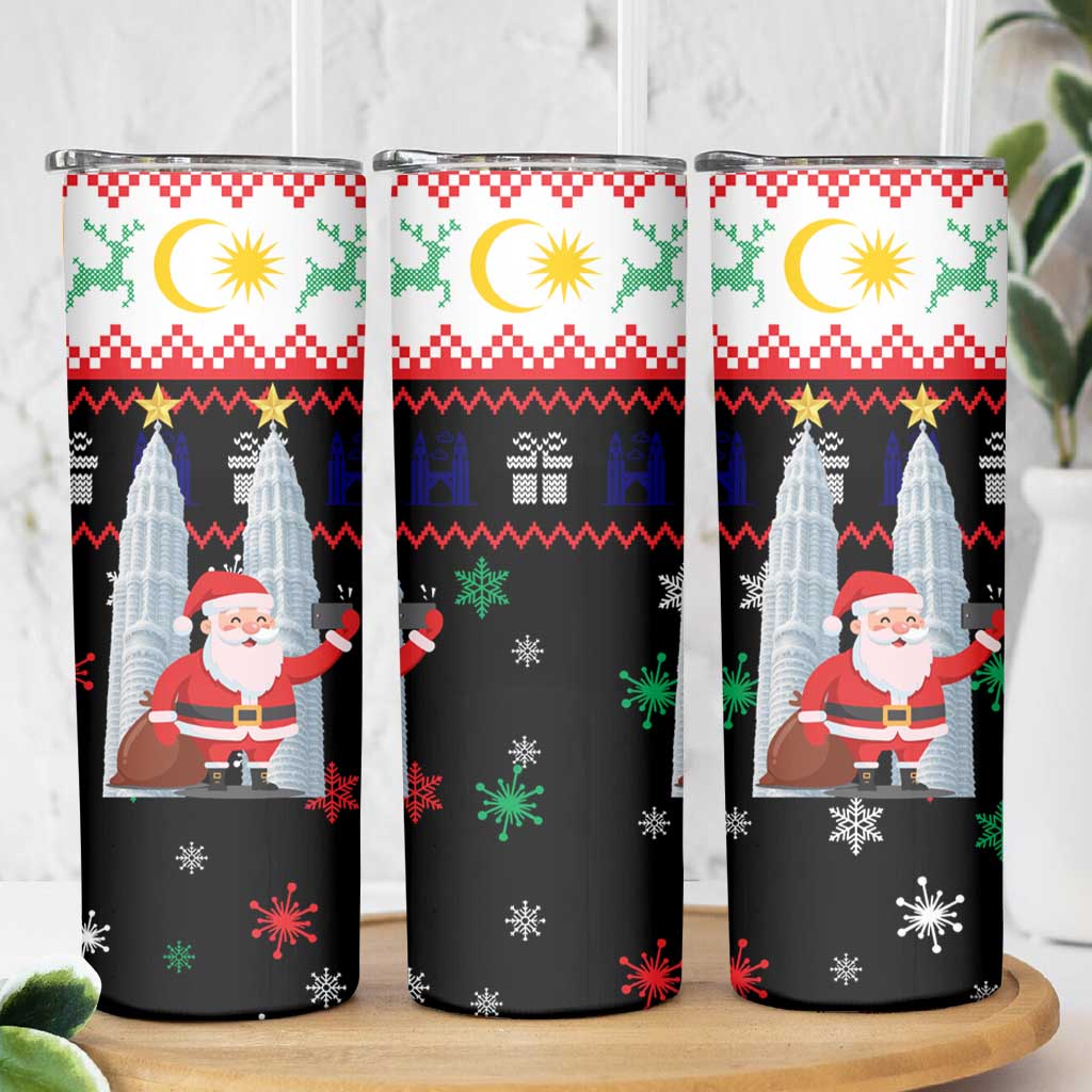 Malaysia Christmas Skinny Tumbler with Santa Claus Petronas Towers Snowflakes and Festive Icons - Wonder Print Shop