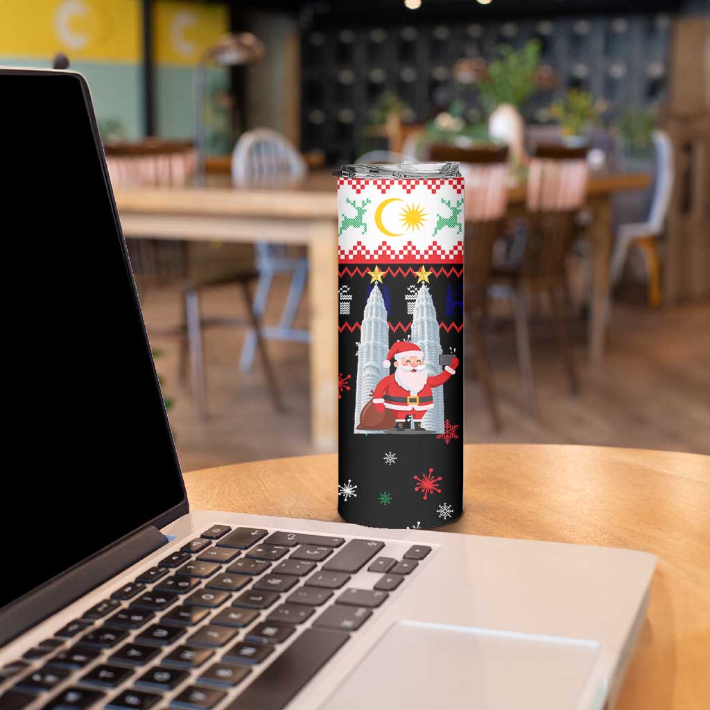 Malaysia Christmas Skinny Tumbler with Santa Claus Petronas Towers Snowflakes and Festive Icons - Wonder Print Shop