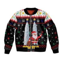 Malaysia Christmas Sleeve Zip Bomber Jacket with Santa Claus Petronas Towers Snowflakes and Festive Icons - Wonder Print Shop