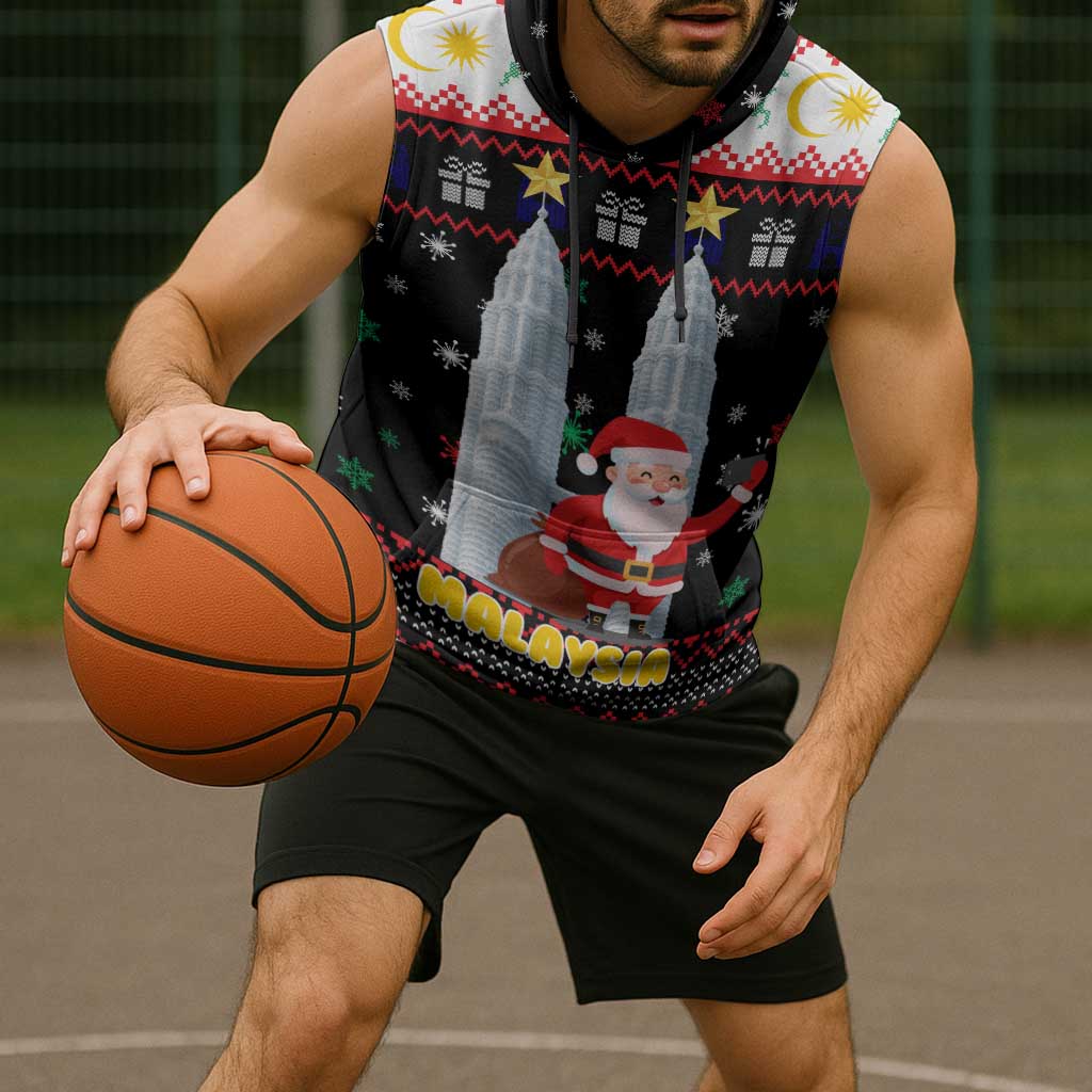 Malaysia Christmas Sleeveless Hoodie with Santa Claus Petronas Towers Snowflakes and Festive Icons - Wonder Print Shop
