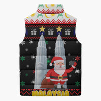 Malaysia Christmas Sleeveless Puffer Jacket with Santa Claus Petronas Towers Snowflakes and Festive Icons - Wonder Print Shop