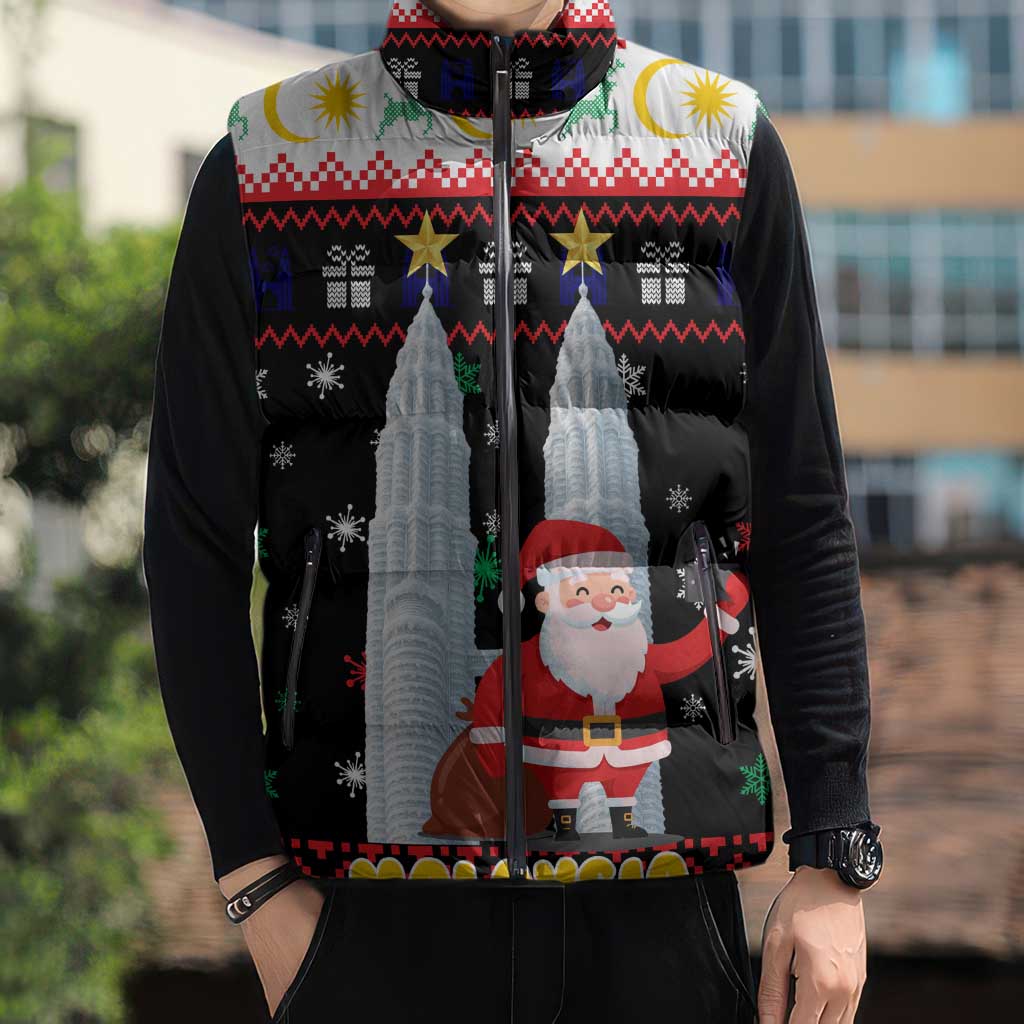 Malaysia Christmas Sleeveless Puffer Jacket with Santa Claus Petronas Towers Snowflakes and Festive Icons - Wonder Print Shop