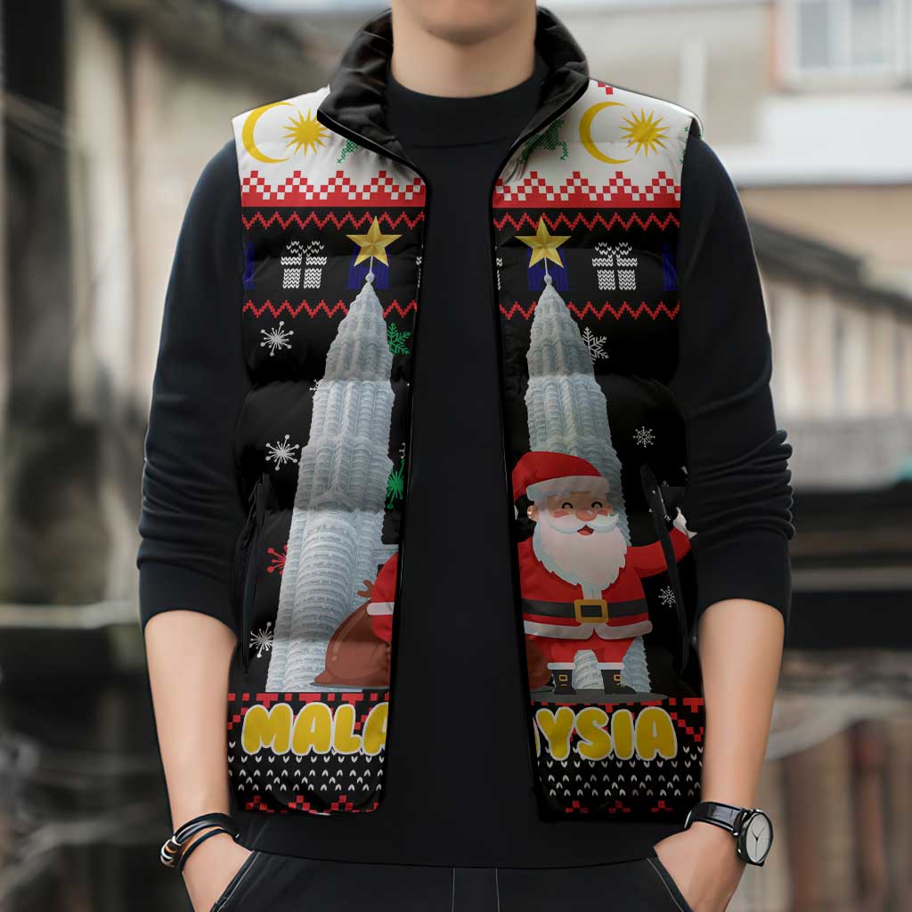 Malaysia Christmas Sleeveless Puffer Jacket with Santa Claus Petronas Towers Snowflakes and Festive Icons - Wonder Print Shop
