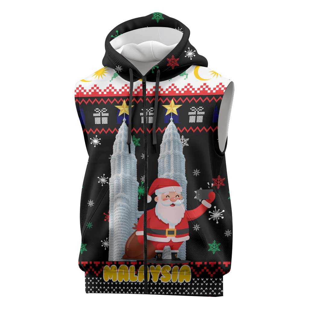 Malaysia Christmas Sleeveless Zip Hoodie with Santa Claus Petronas Towers Snowflakes and Festive Icons - Wonder Print Shop