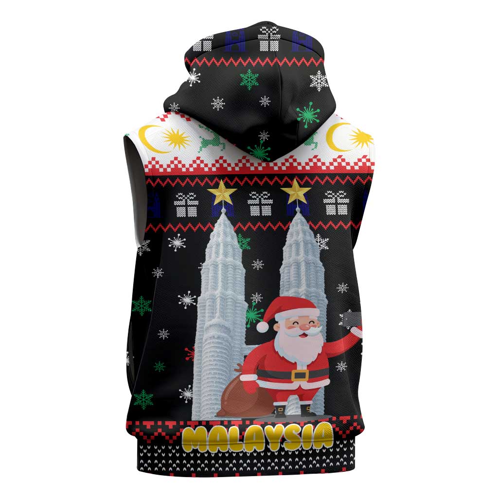 Malaysia Christmas Sleeveless Zip Hoodie with Santa Claus Petronas Towers Snowflakes and Festive Icons - Wonder Print Shop