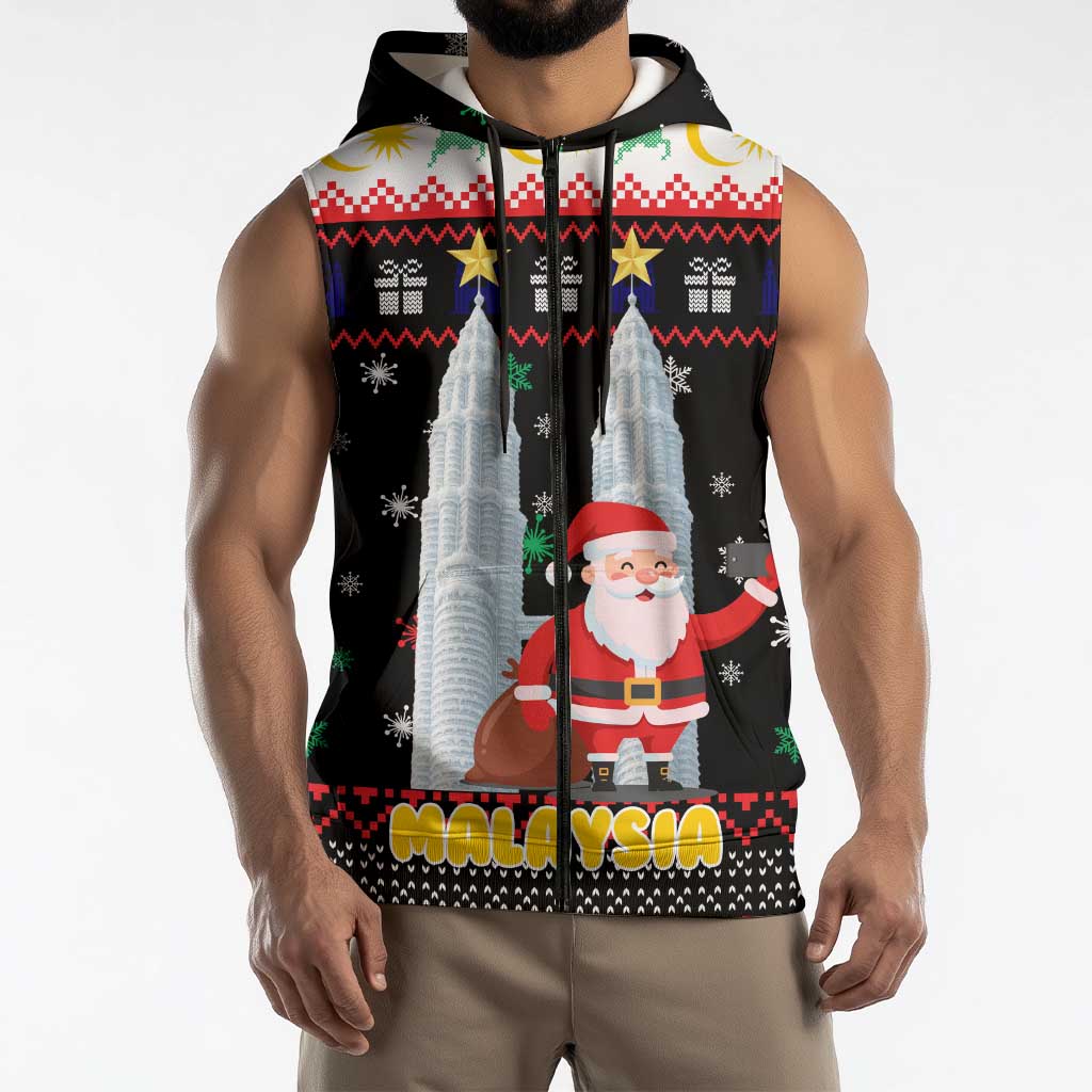 Malaysia Christmas Sleeveless Zip Hoodie with Santa Claus Petronas Towers Snowflakes and Festive Icons - Wonder Print Shop
