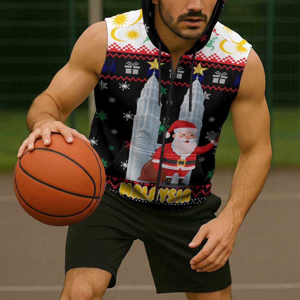 Malaysia Christmas Sleeveless Zip Hoodie with Santa Claus Petronas Towers Snowflakes and Festive Icons - Wonder Print Shop