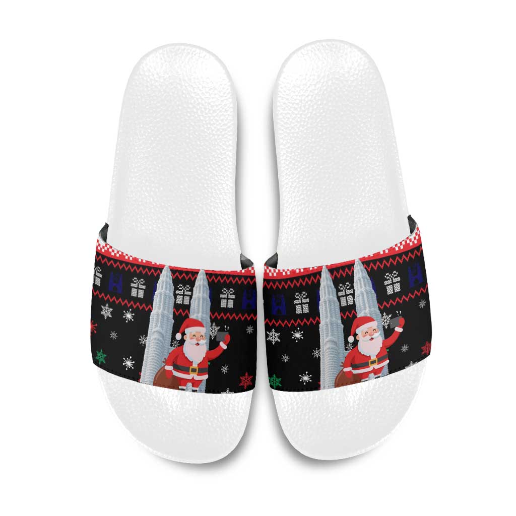 Malaysia Christmas Slide Sandals with Santa Claus Petronas Towers Snowflakes and Festive Icons - Wonder Print Shop
