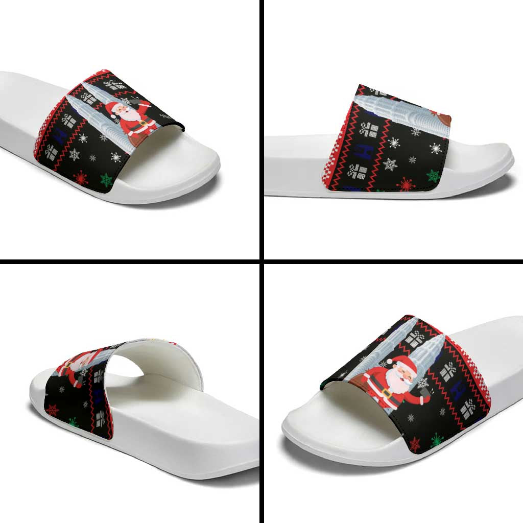 Malaysia Christmas Slide Sandals with Santa Claus Petronas Towers Snowflakes and Festive Icons - Wonder Print Shop