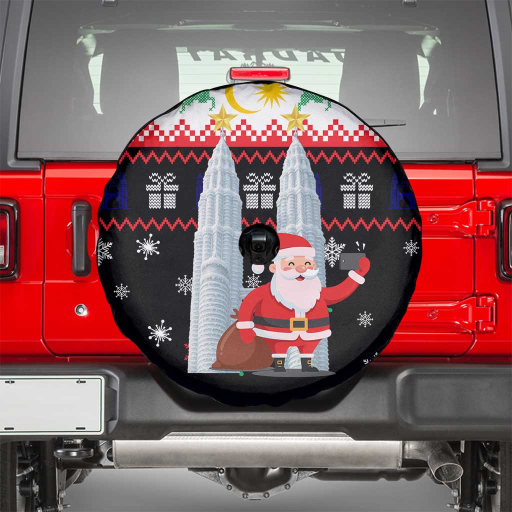 Malaysia Christmas Spare Tire Cover with Santa Claus Petronas Towers Snowflakes and Festive Icons - Wonder Print Shop