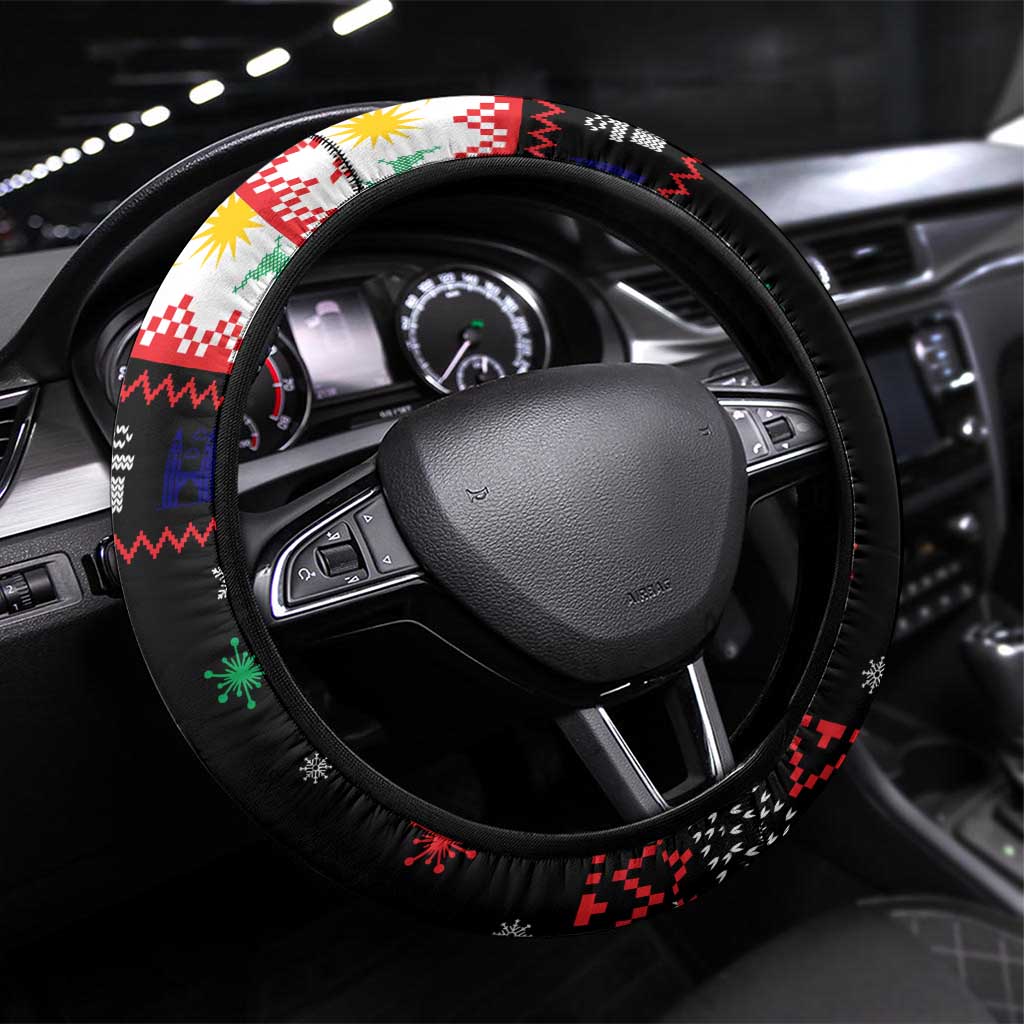 Malaysia Christmas Steering Wheel Cover with Santa Claus Petronas Towers Snowflakes and Festive Icons - Wonder Print Shop