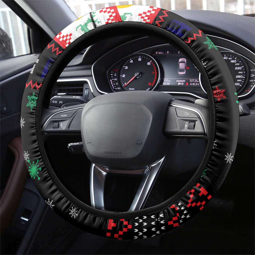 Malaysia Christmas Steering Wheel Cover with Santa Claus Petronas Towers Snowflakes and Festive Icons - Wonder Print Shop