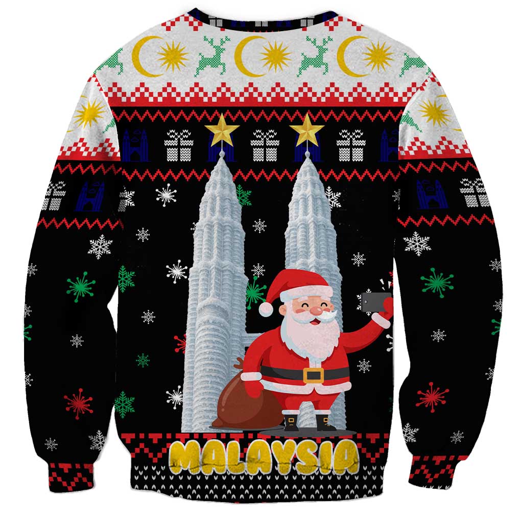 Malaysia Christmas Sweatshirt with Santa Claus Petronas Towers Snowflakes and Festive Icons - Wonder Print Shop