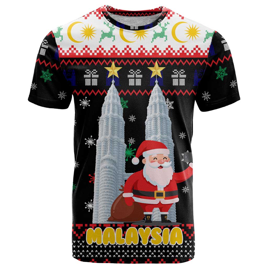 Malaysia Christmas T Shirt with Santa Claus Petronas Towers Snowflakes and Festive Icons - Wonder Print Shop