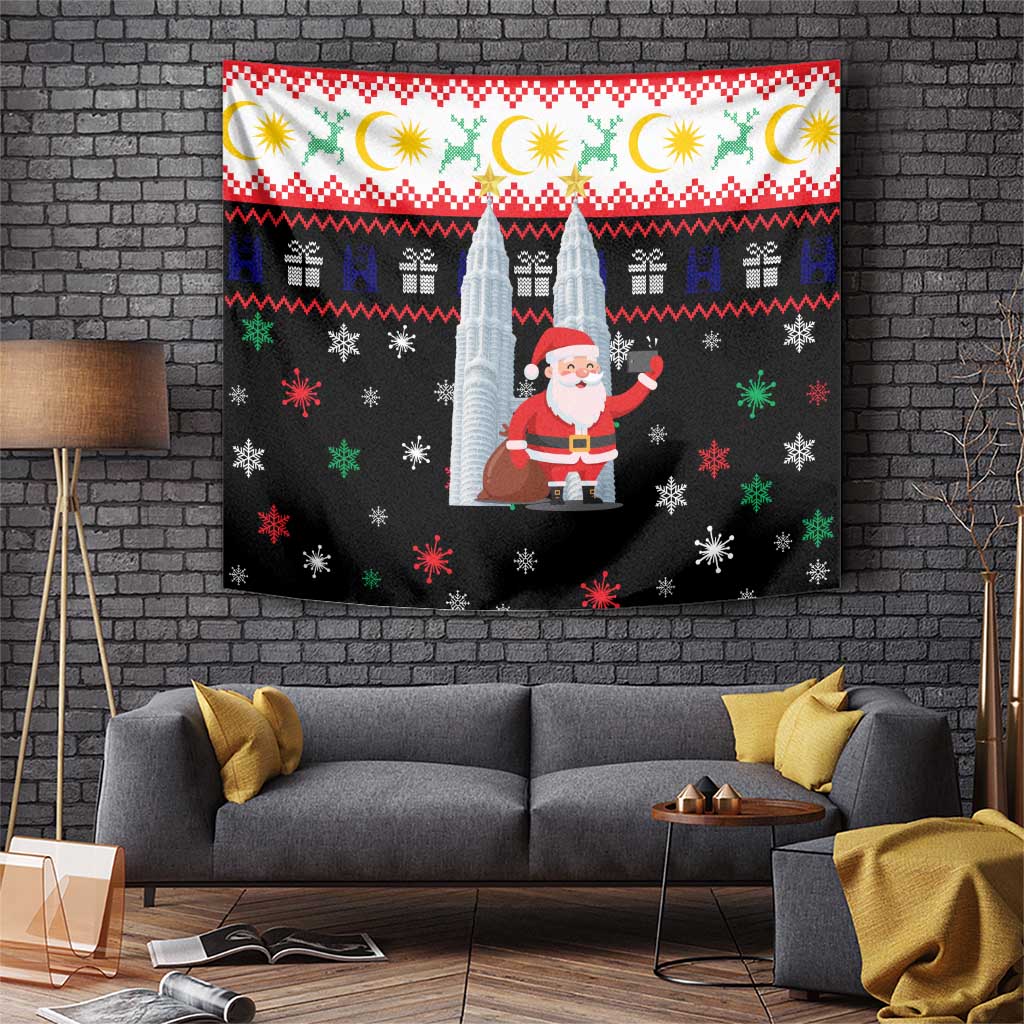 Malaysia Christmas Tapestry with Santa Claus Petronas Towers Snowflakes and Festive Icons - Wonder Print Shop