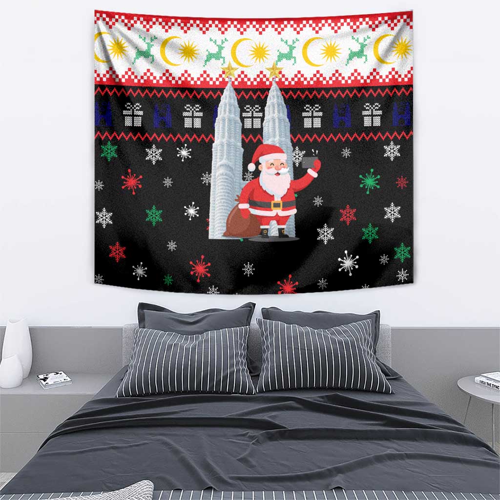 Malaysia Christmas Tapestry with Santa Claus Petronas Towers Snowflakes and Festive Icons - Wonder Print Shop