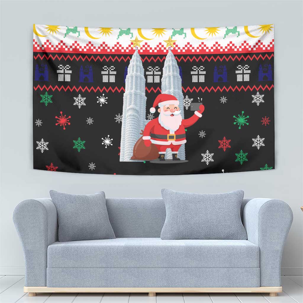Malaysia Christmas Tapestry with Santa Claus Petronas Towers Snowflakes and Festive Icons - Wonder Print Shop